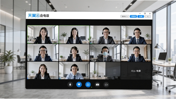 天翼云会议电脑版主界面预览图，展示视频会议网格布局，背景为现代办公室环境，界面清晰明亮，突出软件的品牌标识和功能按钮