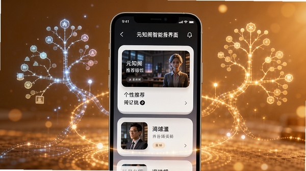 元知阁智能推荐界面示意图，手机屏幕上显示个性化推荐内容卡片，周围有知识树和光点装饰，背景为暖色调，突出智能匹配与个性化体验，画面清晰，科技感十足