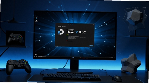 一幅现代简约风格的电脑桌面全景图，屏幕中央显示Microsoft DirectX 9.0C的安装完成界面，背景为深蓝色科技感光效，画面主体突出，周围环绕着游戏手柄、3D模型等多媒体元素，整体色调以蓝黑为主，营造出专业、稳定的氛围，高清渲染，细节丰富