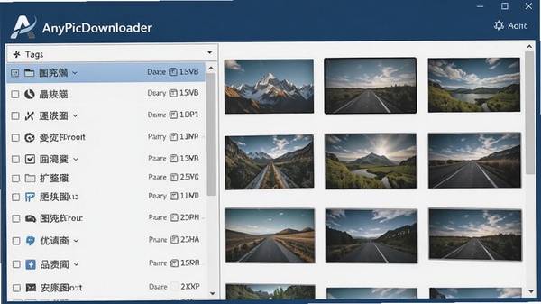 AnyPicDownloader主界面截图，展示软件logo与整洁的功能布局，深蓝色背景，窗口左侧为任务列表，右侧为图片预览墙，画面专业清晰