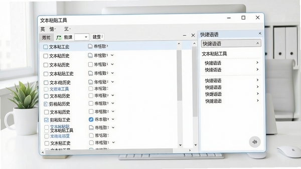 文本粘贴工具主界面截图，展示剪贴板历史列表和快捷短语面板，背景为简洁的桌面办公环境，整体风格清新明亮，软件名称“文本粘贴工具”显示在窗口标题栏