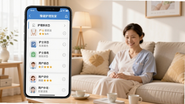 豫健护理到家软件界面预览，手机屏幕显示护理服务列表、护士接单状态、用户评价星级等元素，背景为明亮温馨的客厅一角，突出居家护理场景，画面清晰真实，色彩柔和，适配移动端UI设计风格