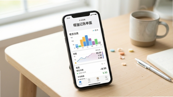 樱木记账主界面展示,手机屏幕显示清晰的收支分类图表,背景为简约浅色桌面,整体风格清新明亮,突出记账软件的便捷与美观