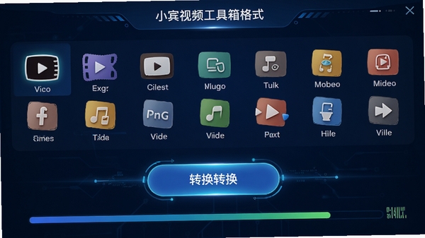 小宾视频工具箱格式转换功能操作界面，显示多种视频格式选项图标，背景为深蓝色科技感风格，突出转换按钮与进度条状态