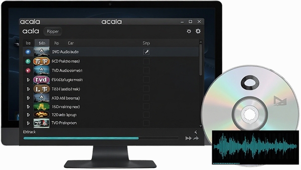 acala dvd audio ripper音轨提取界面，显示多声道音轨列表与提取进度条，背景为深色电脑屏幕，旁边有DVD光盘与音频波形图，画面现代简洁，突出软件功能