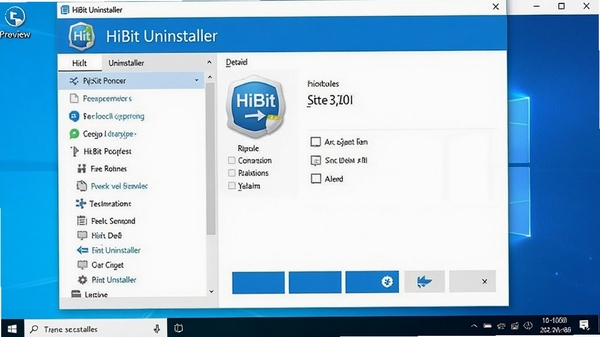 HiBit Uninstaller主界面预览图，展示软件图标与主窗口布局，背景为干净的Windows桌面，左侧为软件列表，右侧显示详细信息，整体风格简洁明了，色彩以蓝白为主，突出功能按钮。