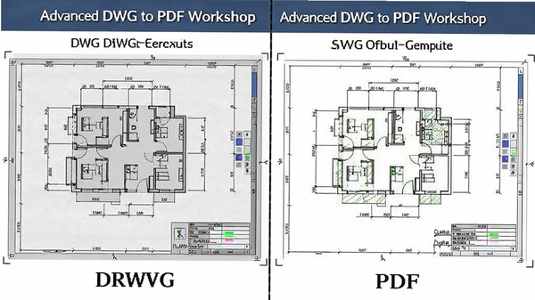 Advanced DWG to PDF Workshop转换效果对比图，左侧为DWG原始图纸，右侧为PDF输出结果，展示线条细节与标注一致性