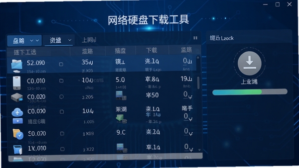 网络硬盘下载工具主界面截图,展示文件列表和上传下载进度条,背景为现代简约的深蓝色科技感风格,界面布局清晰,图标精致,整体画面明亮,突出软件名称网络硬盘下载工具