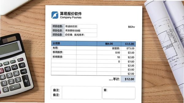 一张算易报价软件生成的报价单预览图，显示完整的报价单页面，包含公司抬头、项目信息、分项报价表格、合计金额和备注栏，格式专业，排版整洁，背景为木质办公桌，旁边放有计算器和图纸，体现实际应用场景