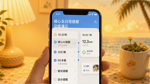 顺心岛日程提醒功能演示，手机屏幕显示当日待办列表与时间轴提醒卡片，背景为暖黄色调，营造温馨氛围，界面清晰展示日期与提醒时间，强调智能与便捷