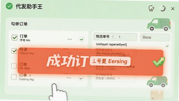 代发助手王的批量发货操作界面，显示勾选订单和物流单号填充效果，背景为浅绿色，突出成功提示，界面简洁易操作