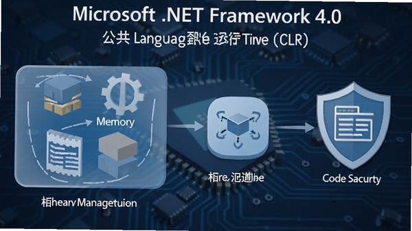一张关于Microsoft .NET Framework 4.0 公共语言运行时（CLR）的功能示意图，画面包含抽象的内存管理模块、线程调度图标以及代码安全盾牌，背景是深蓝色科技感电路板纹理，整体风格清晰易懂，强调其在系统底层支撑软件运行的关键作用。