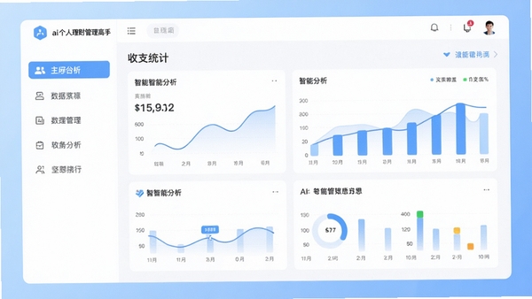 ai个人理财管理高手软件主界面，左侧功能导航栏，右侧显示收支统计图表，整体风格简约明亮，背景为浅蓝色渐变，突出数据看板与智能分析模块