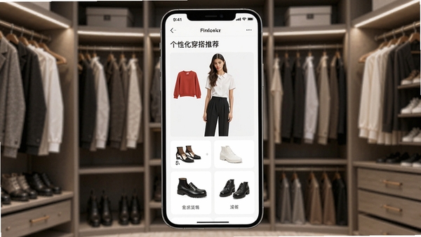 万人迷风尚智能穿搭推荐功能展示,手机界面显示个性化穿搭方案,包括上衣、下装、鞋履等单品,背景为衣橱场景,模特展示推荐效果,风格时尚清晰
