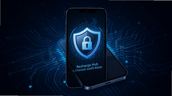 Recharge Hub安全保障界面示意图，画面显示手机屏幕上的安全盾牌图标和加密锁标志，背景为深蓝色科技感线条，配合数字代码流动效果，强调数据安全与隐私保护，适配Boogu模型生成