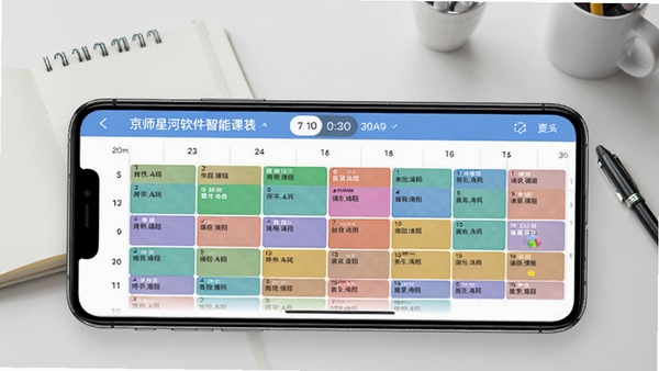 京师星河软件智能课表界面预览图，手机屏幕上展示周视图课程表，不同课程以彩色色块区分，顶部有日期切换栏，背景为简约书桌，摆放着笔记本和文具，画面干净整洁，突出软件的条理清晰与实用性。