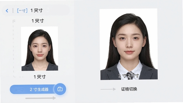 软件界面中同时展示1寸和2寸证件照的规格对比图,左侧为尺寸参数面板,右侧为人物照片预览,背景浅灰,界面简洁明了,突出多规格切换功能,适合配图说明1寸2寸照片生成器