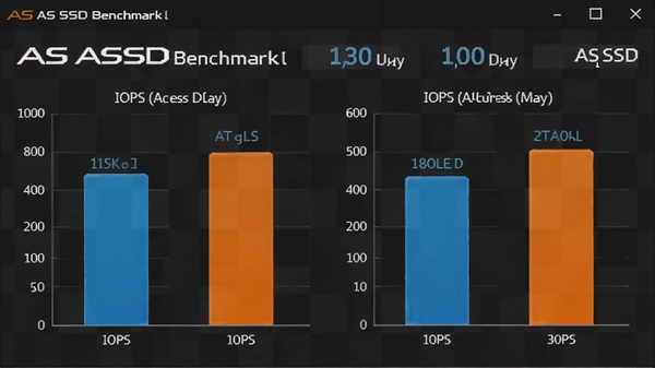 AS SSD Benchmark 4K随机读写测试界面,显示IOPS数值与访问延迟,柱状图对比读取与写入性能,背景为简洁深色网格,突出软件名称AS SSD Benchmark