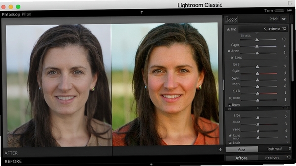 Adobe Photoshop Lightroom Classic 修改照片模块操作界面，展示调整前后的对比效果，右侧面板显示各类滑块，图像色彩鲜艳，细节丰富