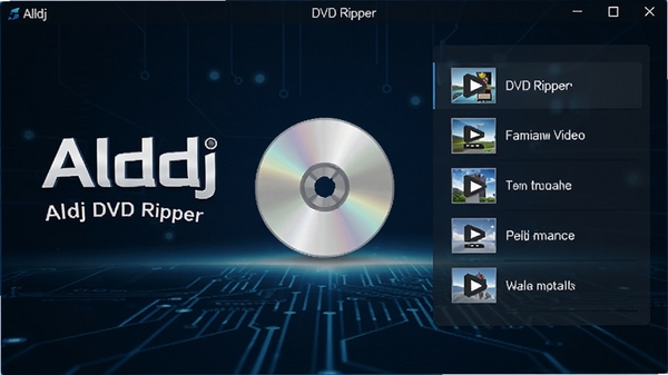 Alldj DVD Ripper主界面预览图，展示软件logo、DVD光盘图标与视频转换选项列表，背景为深蓝色科技感风格，界面清晰明亮