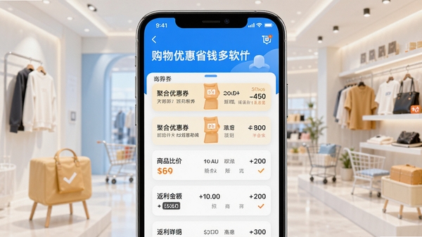 购物优惠省钱多软件主界面预览图，展示聚合优惠券列表、商品比价结果和返利金额明细，背景为现代简约购物风格，色彩明亮，突出省钱主题，整体画面清晰，UI设计友好，适合应用商店展示