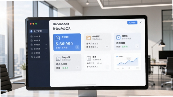 靠谱AI办公工具界面,展示会议纪要、邮件模板等选项,背景为现代化办公室,自然光,商务风格