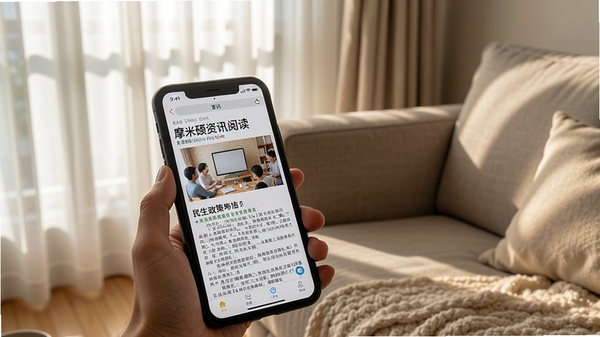 摩米硕资讯阅读页面展示,手机屏幕显示一篇关于民生政策的文章,配有清晰的标题和正文,背景为舒适的客厅沙发一角,阳光透过窗帘洒落,营造出轻松阅读的氛围,画风自然写实,突出资讯的易读性和实用性