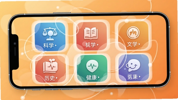 妙答智囊团知识库分类展示界面，手机屏幕上显示多个知识领域图标，如科学、文学、历史、健康等，背景为暖色调，设计感强
