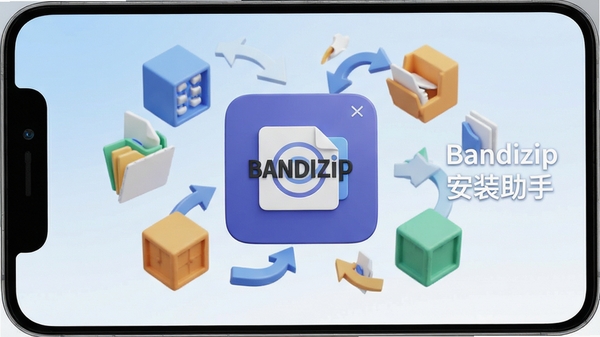 一张简洁明快的3D渲染风格配图，画面中央是Bandizip安装助手的程序图标，周围环绕着代表文件压缩与解压的抽象几何方块和箭头，背景为柔和的蓝白渐变，整体传达出高效、清爽、易用的软件气质，画面中带有“Bandizip 安装助手”字样，风格现代且专业。