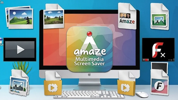 Amaze Multimedia Screen Saver 多媒体格式支持功能示意图，画面中央为软件图标，四周环绕多种媒体文件图标，包括图片、视频和Flash动画，背景为现代风格的电脑桌面，色彩明亮，细节丰富，展示软件兼容性，16:9构图