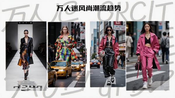 万人迷风尚潮流趋势板块,展示最新秀场图片和街拍穿搭,背景为时尚都市街头,动感十足,色彩鲜艳,体现时尚氛围