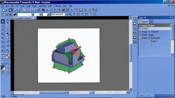 Macromedia Fireworks 8 软件主界面截图，展示工具栏、画布和属性面板，整体风格为经典蓝色调，界面布局清晰，适合作为软件介绍预览图