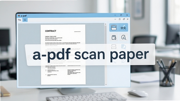 一张整洁的办公桌面上,a-pdf scan paper软件主界面清晰可见,左侧预览区显示一份扫描的合同文档,右侧工具栏排列着扫描、优化、识别等按钮,整体色调以浅蓝和白色为主,风格简洁明快,符合办公软件的专业气质,画面中心突出软件名称 a-pdf scan paper,背景为虚化的办公环境。