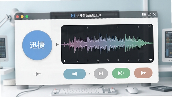 迅捷音频录制工具主界面预览图,干净整洁的录音控制台,大按钮设计,波形图动态显示,背景为浅色调工作环境