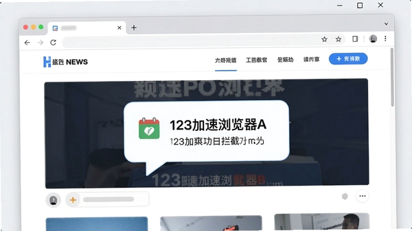 123加速浏览器广告拦截功能示意图，浏览器界面中显示一个被拦截广告的提示气泡，周围是干净的新闻网页内容，无任何广告元素，画面干净整洁，突出清爽浏览体验