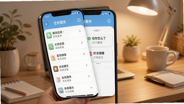 动你怎么了生活服务应用主界面预览图,手机屏幕展示任务列表与提醒卡片,背景为温馨的室内工作台场景,整体色调柔和明亮,突出高效与便利感,画面细节丰富,适配Boogu模型生成