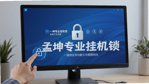 孟坤专业挂机锁一键锁定功能示意图,画面展示用户按下快捷键后,电脑屏幕随即显示锁定界面的动态过程,突出快速响应的特点,软件名称孟坤专业挂机锁在界面中央醒目显示