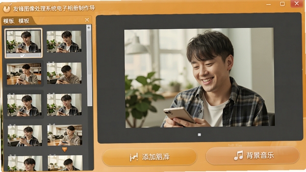 友锋图像处理系统电子相册制作向导界面，左侧为模板缩略图列表，右侧为预览窗口，下方是添加照片和背景音乐的按钮，界面温馨美观