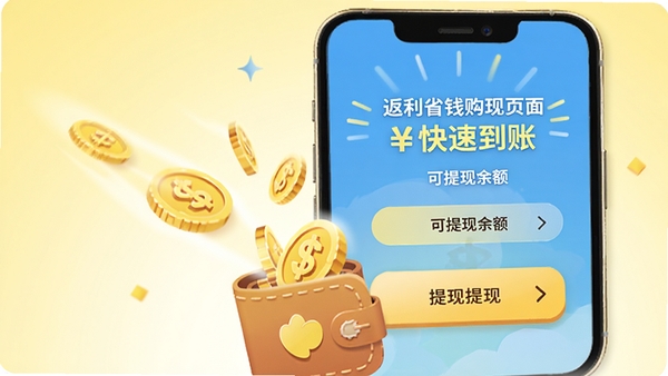 返利省钱购提现页面，手机界面显示可提现余额和提现按钮，金色硬币从屏幕底部飞入钱包图标，背景为浅黄色渐变，整体明亮活泼，突出快速到账特点，插画风格