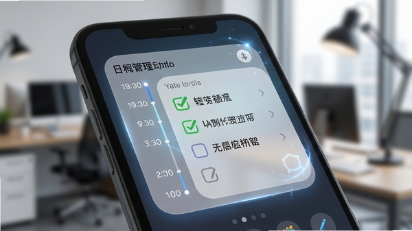 主题小组件动态信息展示图，特写手机桌面上的一个日程管理小组件，清晰显示时间轴和待办事项列表，组件带有细腻的微交互光效，背景是虚化的办公场景，强调信息获取的高效与便捷