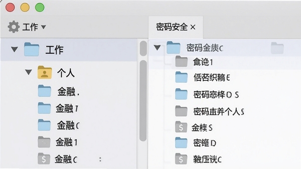 Password Safe分类管理功能截图，画面展示软件中树状结构的分组列表，包含“工作”、“个人”、“金融”等多个文件夹图标，右侧显示对应条目，背景为柔和的浅灰色，体现软件的组织性与条理性
