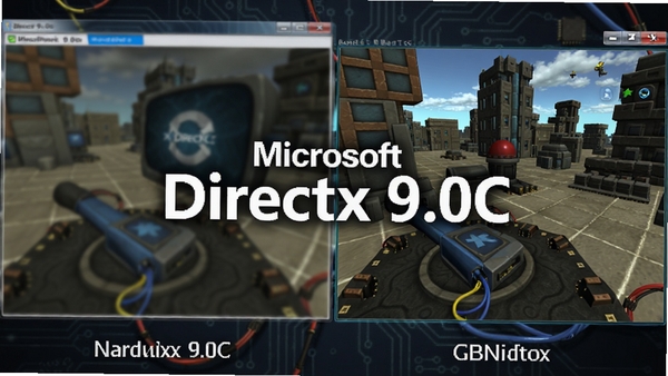 一张展示DirectX 9.0C加速游戏画面的对比图，左侧为未开启硬件加速的模糊卡顿画面，右侧为开启后清晰流畅的高画质3D场景，画面中央有“Microsoft DirectX 9.0C”字样，背景为半透明的电路板纹理，突出技术感与性能提升，色彩鲜明，对比强烈，高清渲染