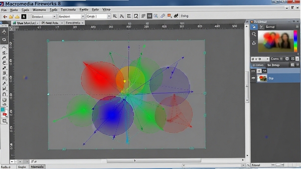 Macromedia Fireworks 8 编辑界面中同时显示矢量路径和位图图层，画布上有彩色图形和半透明效果，展示混合编辑能力