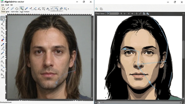 algolab photo vector软件主界面截图，左侧为原始位图，右侧显示转换后的矢量预览，工具栏清晰可见，整体界面简洁专业