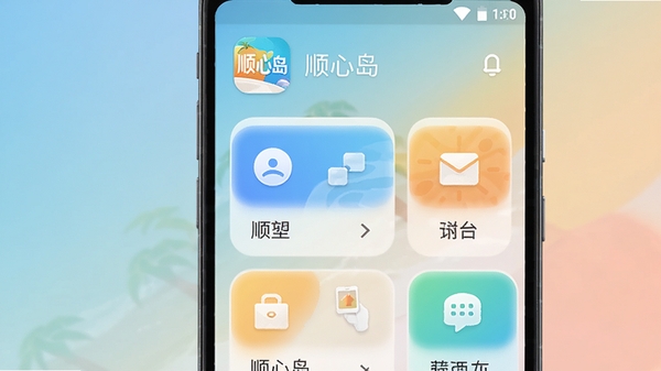 顺心岛软件主界面预览图,展示一个整洁的安卓手机屏幕,上方显示顺心岛应用图标与名称,中间是卡片式功能模块排列,背景为柔和的渐变色,整体风格现代简约,色彩明快,细节丰富,适合作为软件介绍封面