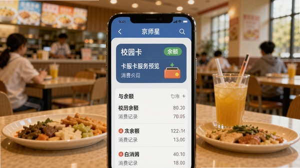 京师星河校园一卡通服务功能预览，手机屏幕显示校园卡余额与消费记录列表，背景是温馨的校园食堂场景，有餐盘和饮料，画面色彩温暖，突出生活服务的便利性。