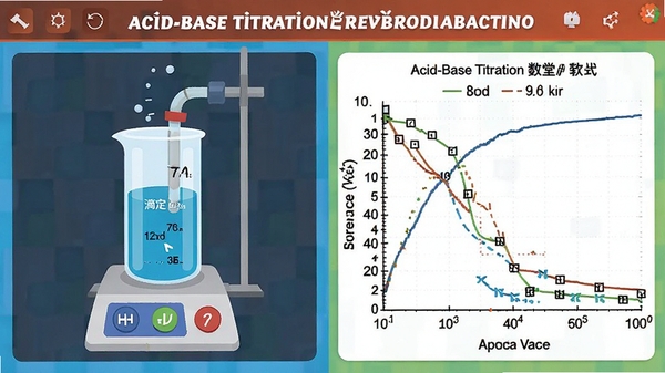 acid-base titration软件的教学演示模式界面,左侧为滴定操作区域,右侧为实时数据与曲线,色彩明亮,适合课堂教学