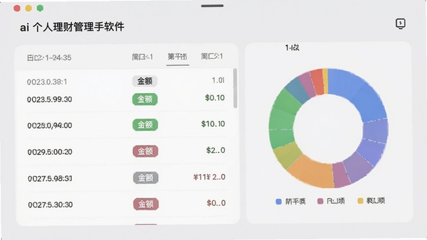 ai个人理财管理高手软件界面展示收支记录列表，包含日期、金额、分类标签，右侧有圆环图显示各类别占比，背景为淡灰色