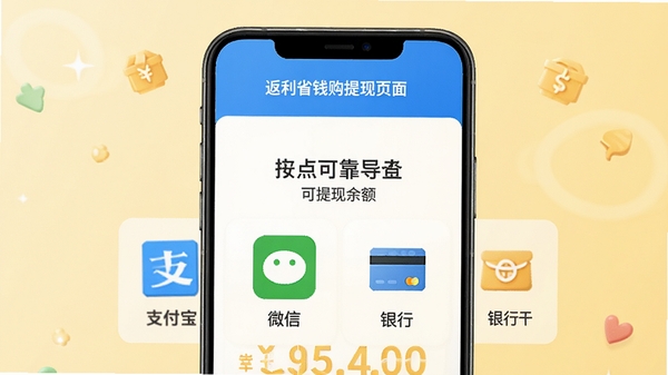 返利省钱购提现页面，显示可提现余额和多种提现渠道图标，如支付宝、微信、银行卡，背景采用淡黄色暖色调，设计直观友好，强调安全可靠与即时到账