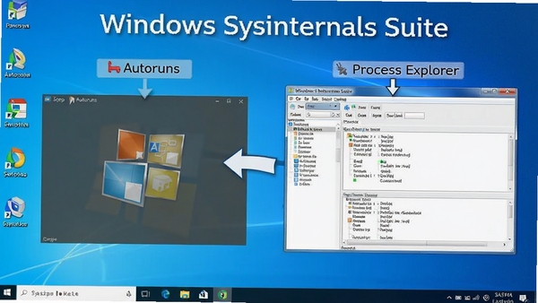 Windows Sysinternals Suite 使用教程示意图,展示运行 Autoruns 和 Process Explorer 的步骤,背景为Windows桌面,操作步骤清晰可见